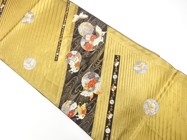 斜め縞に蝶・花模様織り出し　全通袋帯